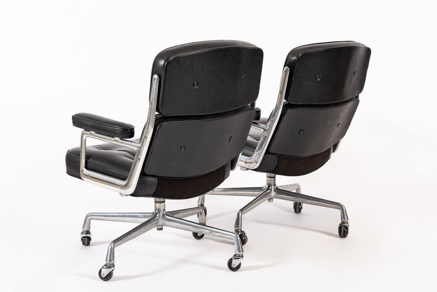 Pair Eames Herman Miller Time Life Black Leather Office Chairs 1980s