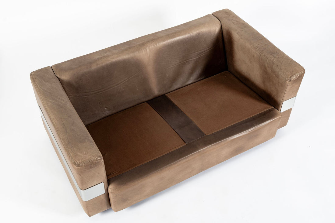 Mid Century German Distressed Brown Leather Sofa in the Style of Robert Haussmann