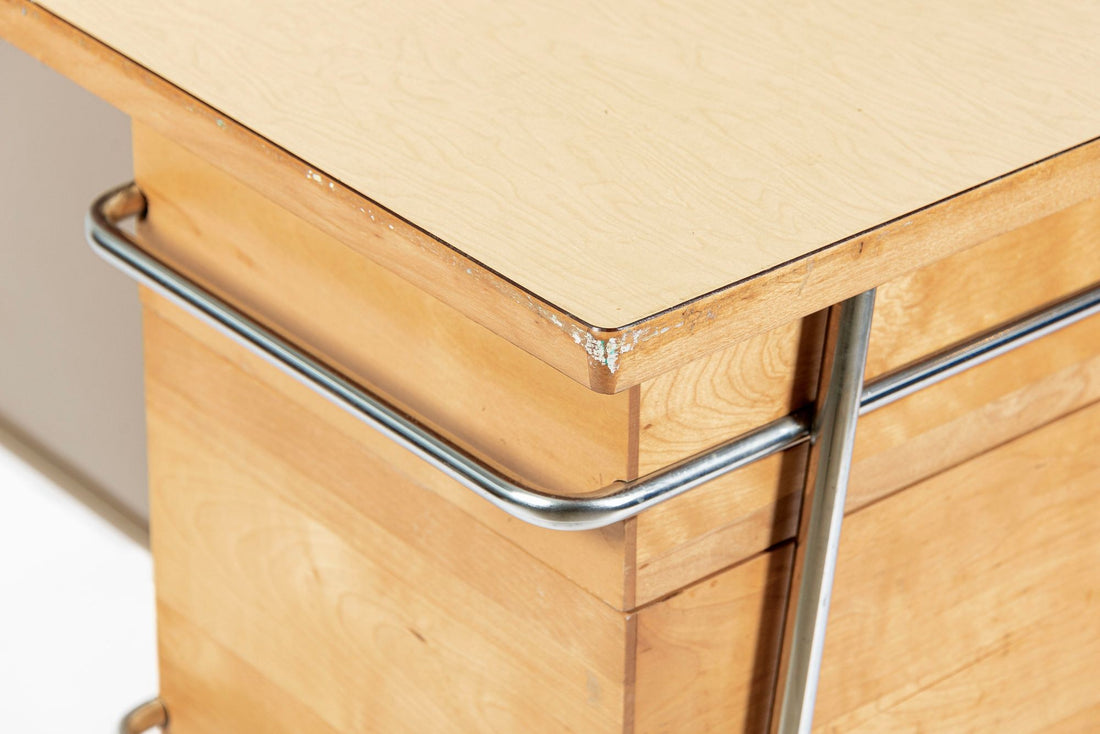 Kem Weber Trimline Desk for Heywood Wakefield, Mid Century Modern Birch and Chrome Office Desk, 1950s