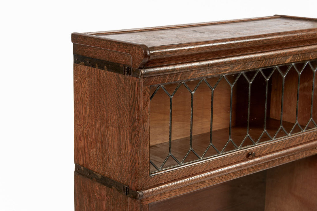 Antique Three Shelf Wood Barrister Bookcase Cabinet with Leaded Glass