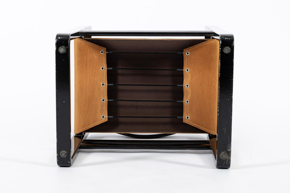 Mid Century Modern Black Lacquer and Brown Leather Arm Chairs 1970s