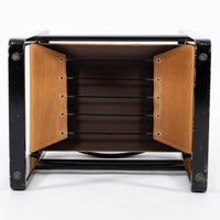 Mid Century Modern Black Lacquer and Brown Leather Arm Chairs 1970s