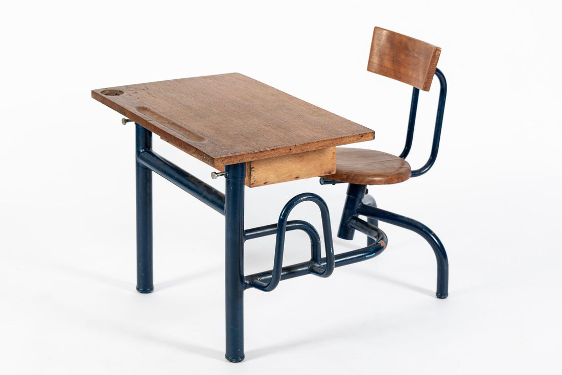 Vintage Antique Wood & Metal Child’s School Desk and Chair in the Style of Jean Prouvé