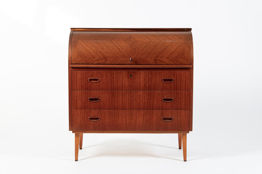Scandinavian Teak Wood Rolltop Secretary Desk by Egon Ostergaard, Made in Sweden