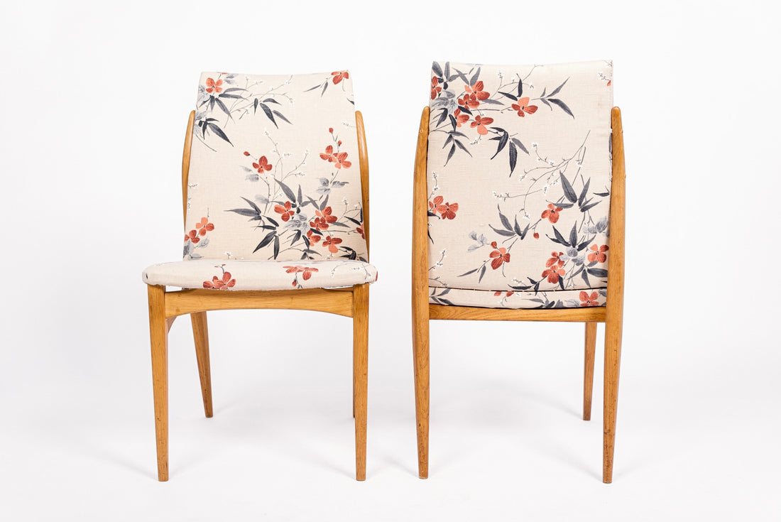 Mid Century Danish Wood Side Chairs with Floral Fabric, 1950s