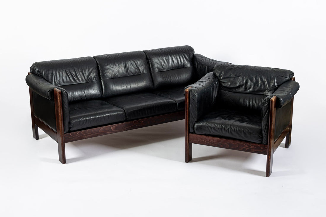 Mid Century Danish Black Leather Sofa in Style of Arne Norell, Matching Chair Avail