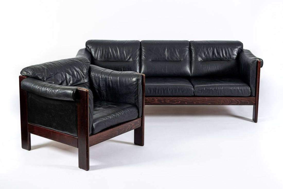Mid Century Danish Black Leather Lounge Chair in Style of Arne Norell, Matching Sofa