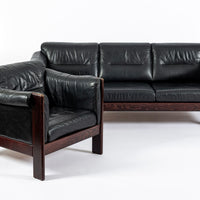 Mid Century Danish Black Leather Lounge Chair in Style of Arne Norell, Matching Sofa