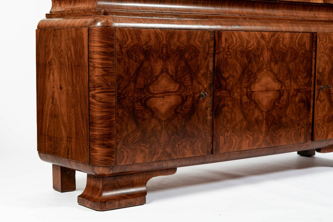 Antique Art Deco Burl Wood China Cabinet or Bar Cabinet with Drop-down Tabletop 1930s