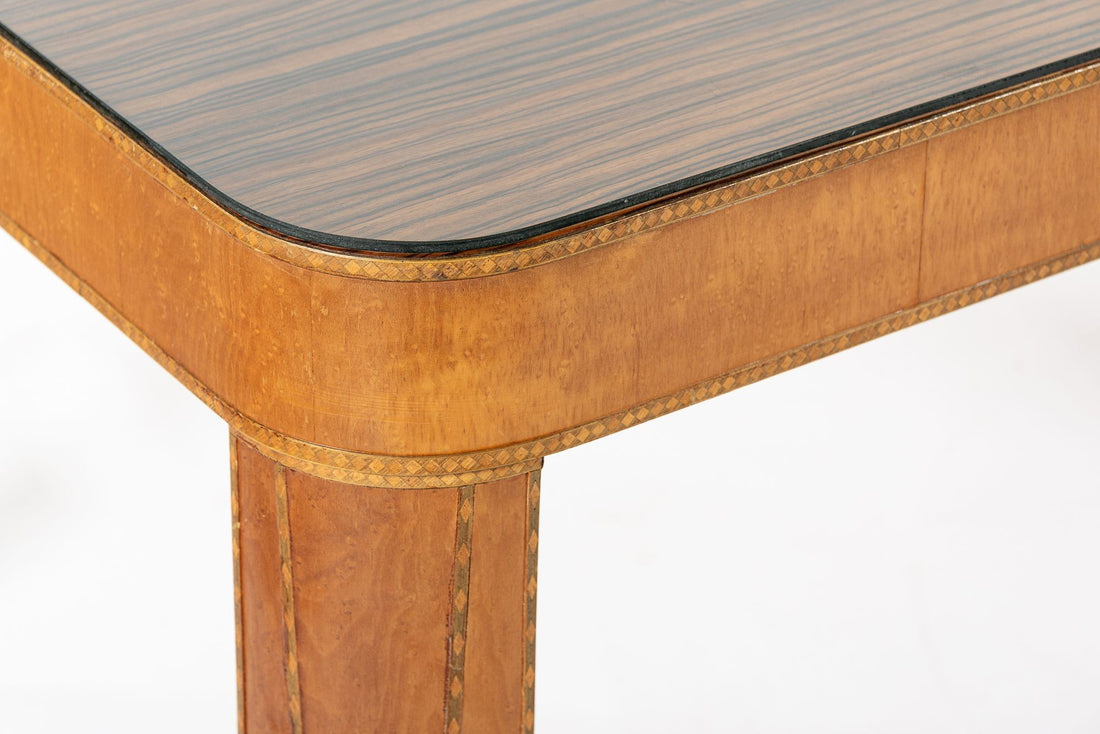 Antique Art Deco Macassar Ebony Wood Dining Table with Glass Top, 1940s