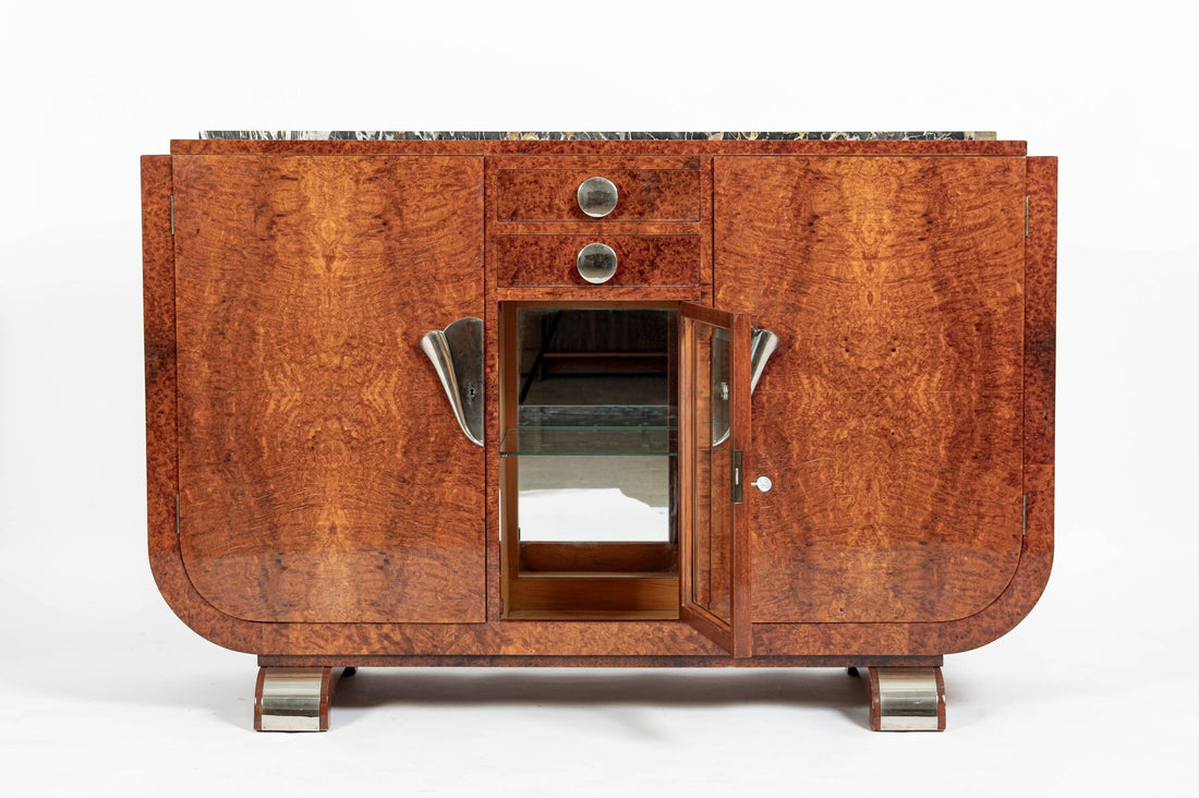 French Art Deco Amboyna Burl Sideboard or Bar Cabinet with Marble Top, Circa 1930