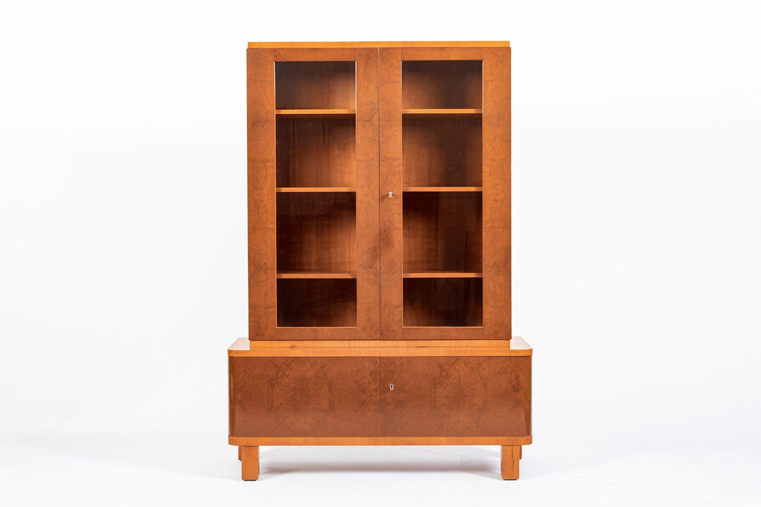 Art Deco Cherry & Burl Wood Display China or Bar Cabinet 1930s