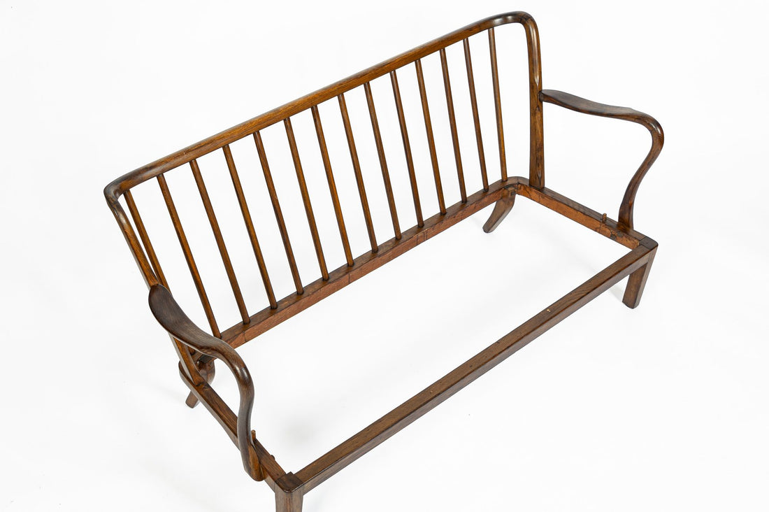 Danish Modern Solid Walnut Spindle Back Sofa in Schumacher Fabric, Circa 1960