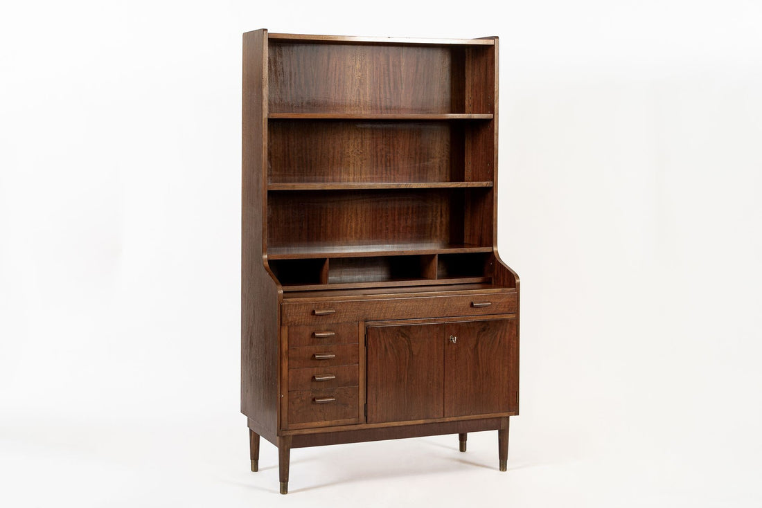 Mid Century Danish Walnut Wood Pull-Out Secretary Desk & Bookcase