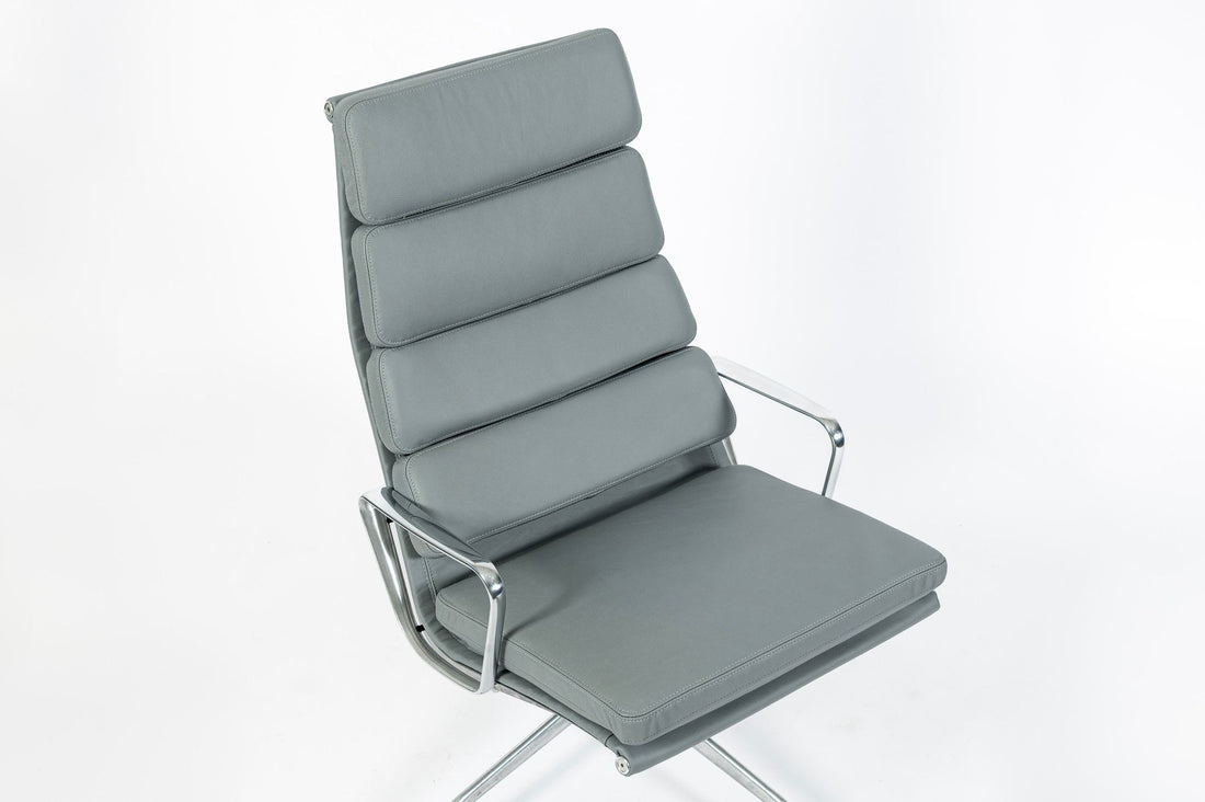 Pair Eames Soft Pad Recliners with Ottoman for Herman Miller, Gray Leather Aluminum Group