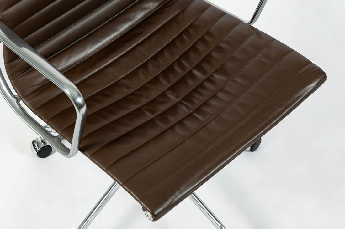 Set of 4 Eames Herman Miller Office Chairs, Brown Leather Thin Pad Aluminum Group
