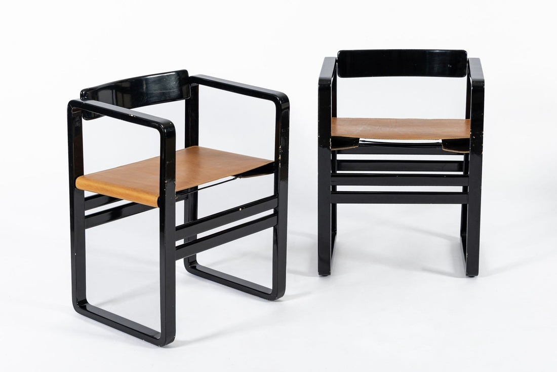 Mid Century Modern Black Lacquer and Brown Leather Arm Chairs 1970s