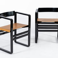 Mid Century Modern Black Lacquer and Brown Leather Arm Chairs 1970s