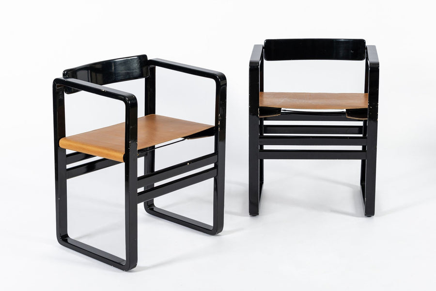 Mid Century Modern Black Lacquer and Brown Leather Arm Chairs 1970s