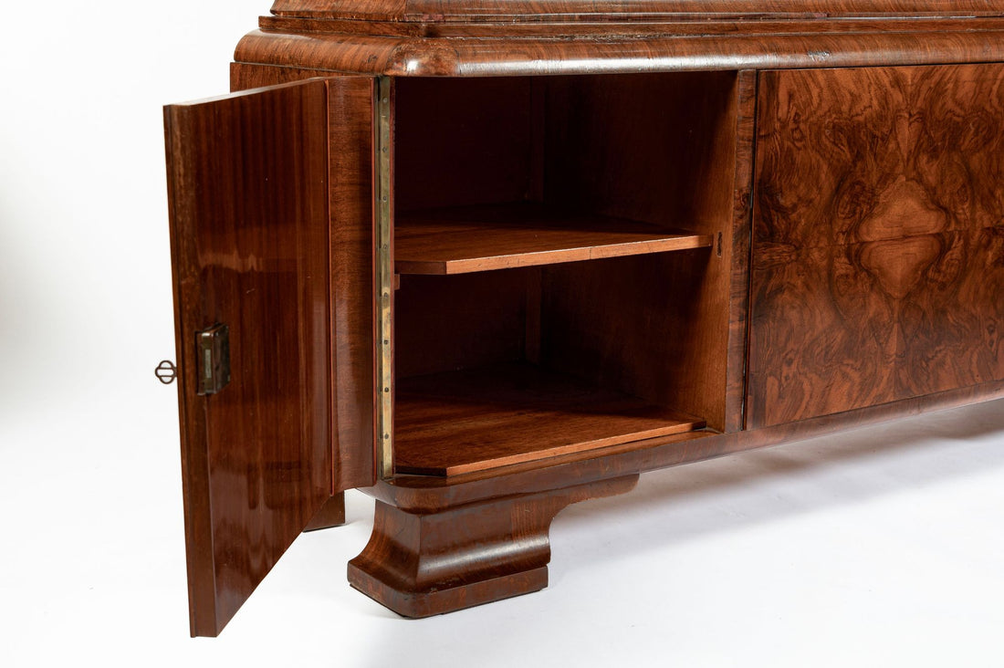 Antique Art Deco Burl Wood China Cabinet or Bar Cabinet with Drop-down Tabletop 1930s