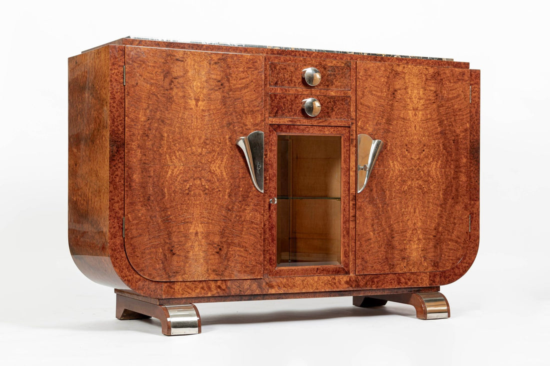 French Art Deco Amboyna Burl Sideboard or Bar Cabinet with Marble Top, Circa 1930