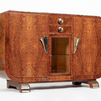 French Art Deco Amboyna Burl Sideboard or Bar Cabinet with Marble Top, Circa 1930