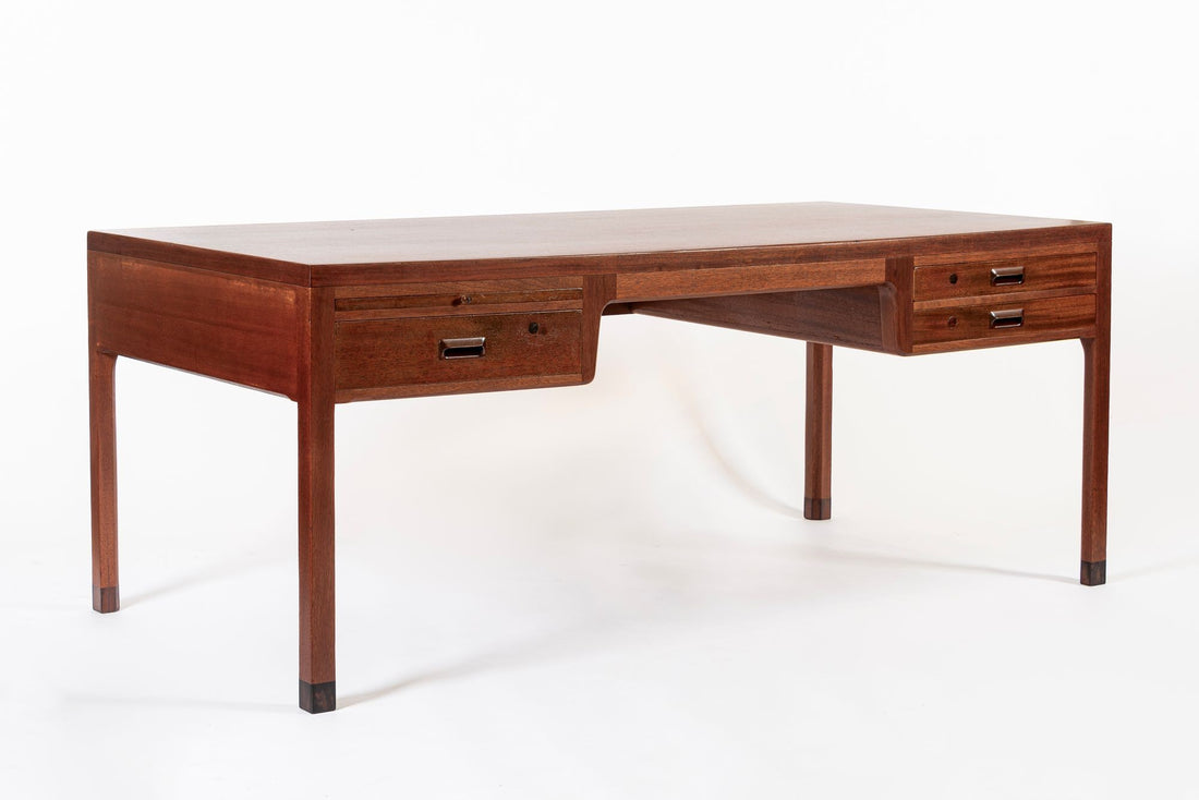 Large Mid Century Danish Modern Mahogany Wood Executive Desk