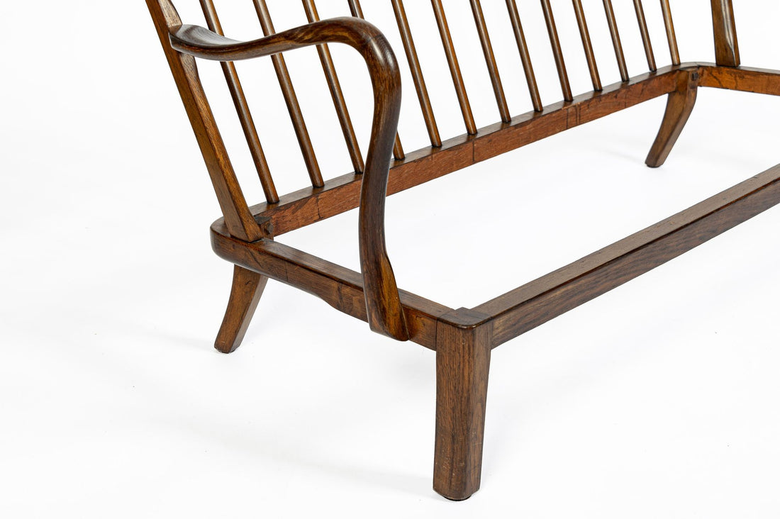 Danish Modern Solid Walnut Spindle Back Sofa in Schumacher Fabric, Circa 1960