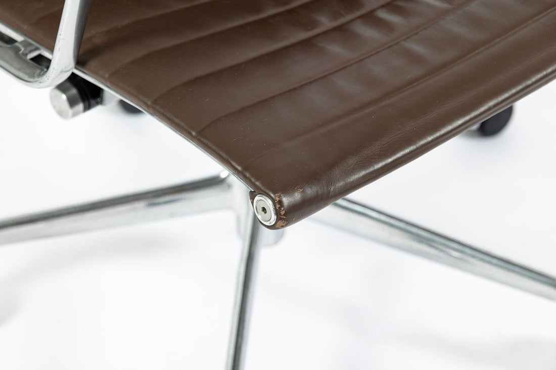 Set of 4 Eames Herman Miller Office Chairs, Brown Leather Thin Pad Aluminum Group