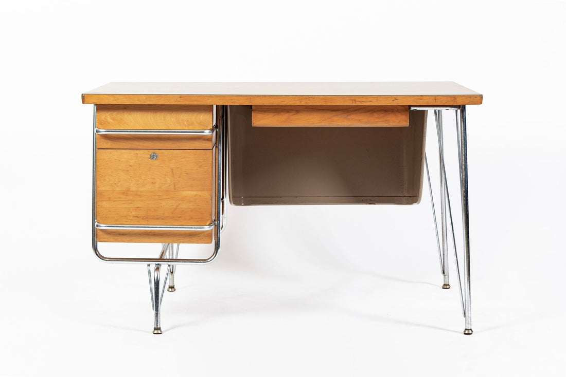Kem Weber Trimline Desk for Heywood Wakefield, Mid Century Modern Birch and Chrome Office Desk, 1950s