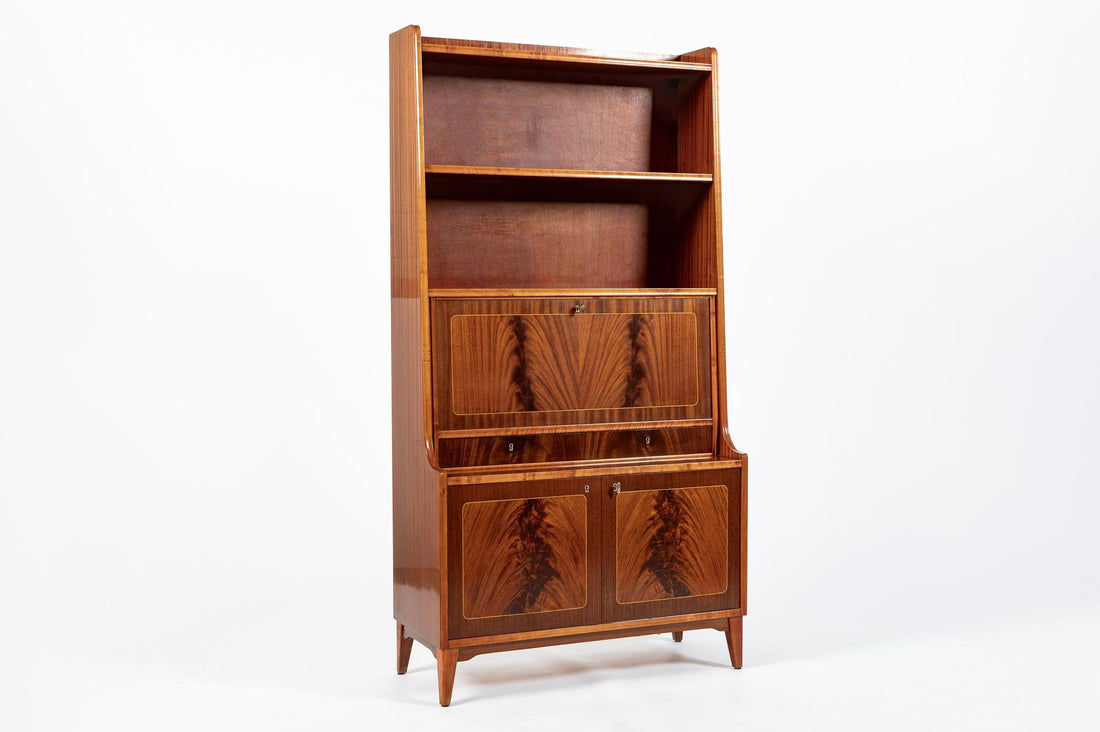 Scandinavian Modern Figured Mahogany Secretary Bookcase Cabinet 1960s