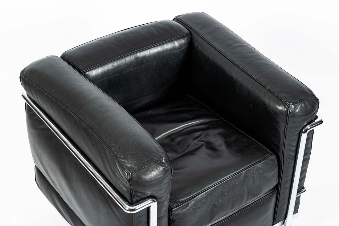 Pair of Cassina LC2 Black Leather Petit Lounge Chairs by Le Corbusier