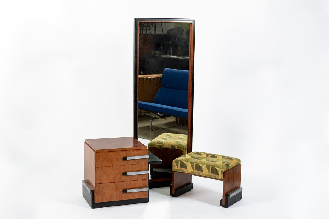 Antique Art Deco Wood Vanity Mirror & Stool by Donald Deskey for Widdicomb 1930s