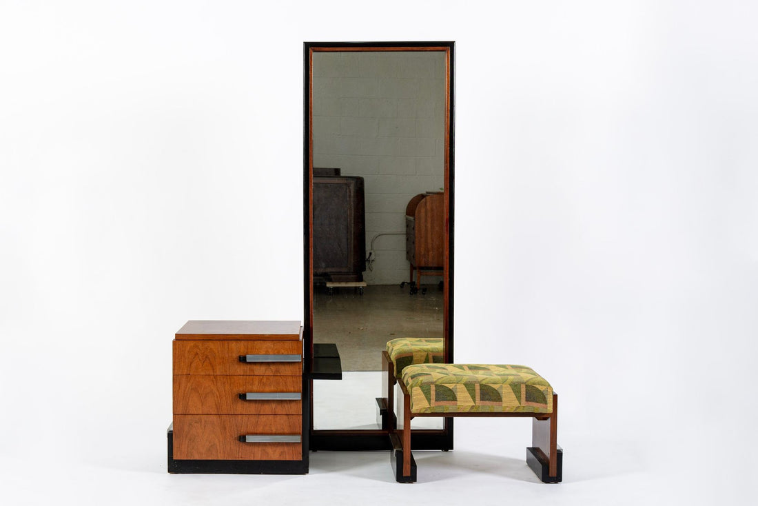 Antique Art Deco Wood Vanity Mirror & Stool by Donald Deskey for Widdicomb 1930s