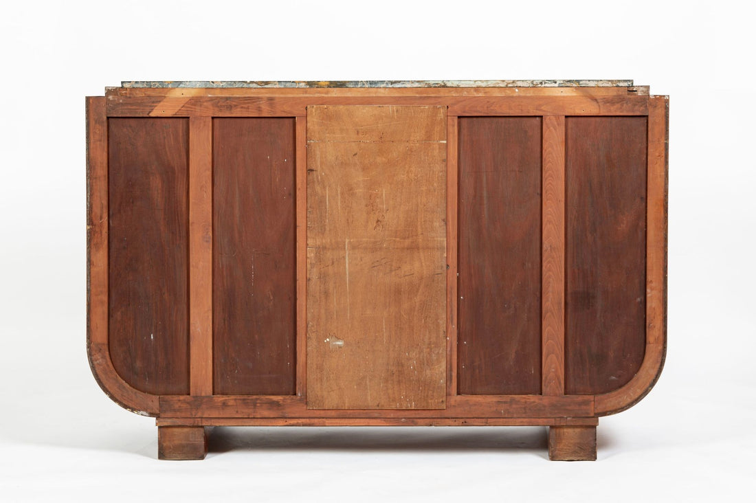French Art Deco Amboyna Burl Sideboard or Bar Cabinet with Marble Top, Circa 1930