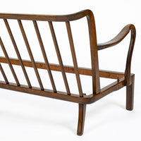 Danish Modern Solid Walnut Spindle Back Sofa in Schumacher Fabric, Circa 1960