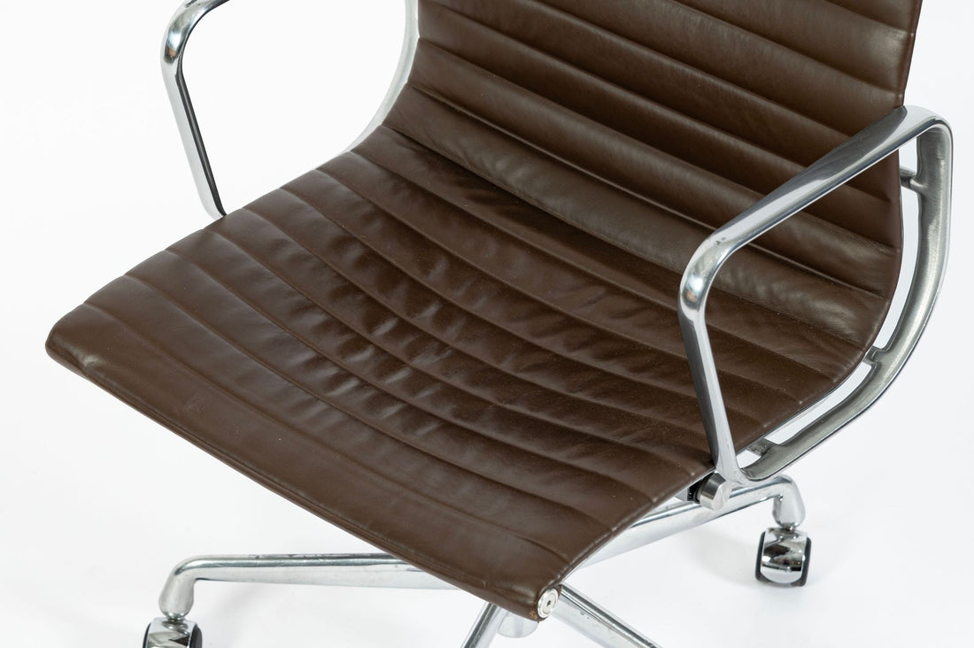 Eames Herman Miller Brown Leather Aluminum Group Thin Pad Desk Chair, 2008