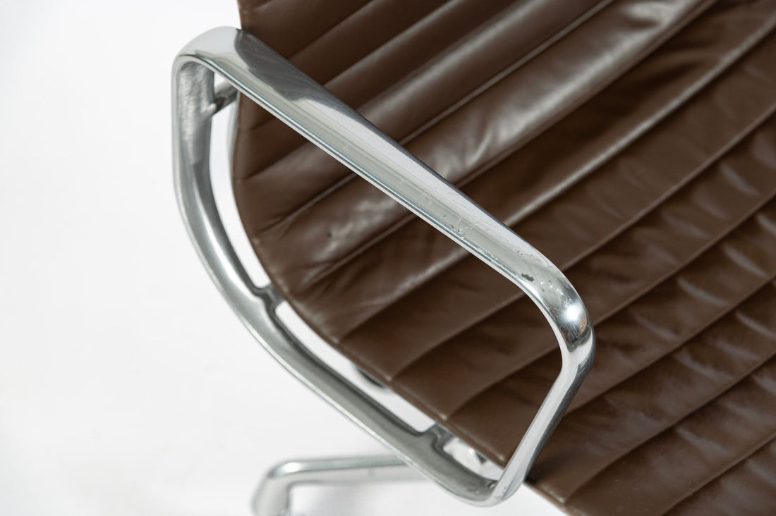Set of 4 Eames Herman Miller Office Chairs, Brown Leather Thin Pad Aluminum Group