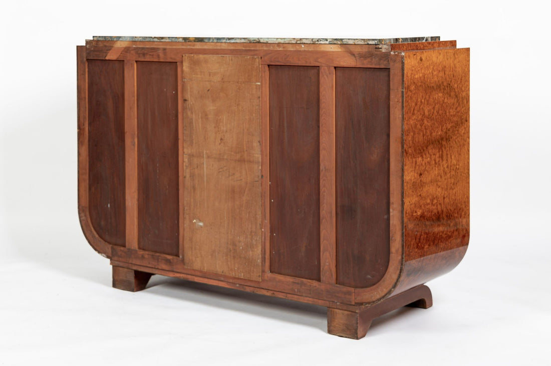 French Art Deco Amboyna Burl Sideboard or Bar Cabinet with Marble Top, Circa 1930