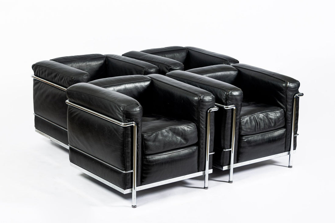 Set of Four Cassina LC2 Black Leather Petit Lounge Chairs by Le Corbusier