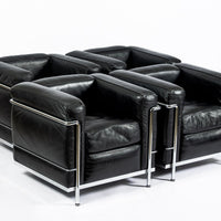 Set of Four Cassina LC2 Black Leather Petit Lounge Chairs by Le Corbusier
