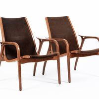 Pair Mid-Century Swedish Brown Lamino Lounge Chairs by Yngve Ekström for Swedese