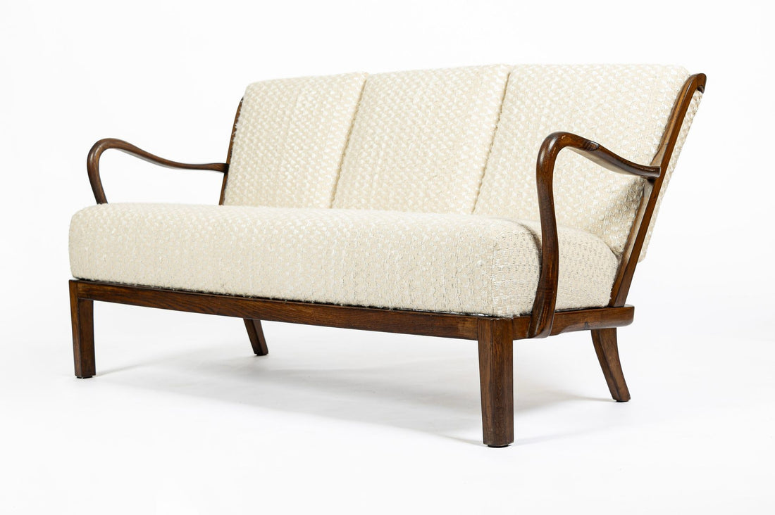 Danish Modern Solid Walnut Spindle Back Sofa in Schumacher Fabric, Circa 1960