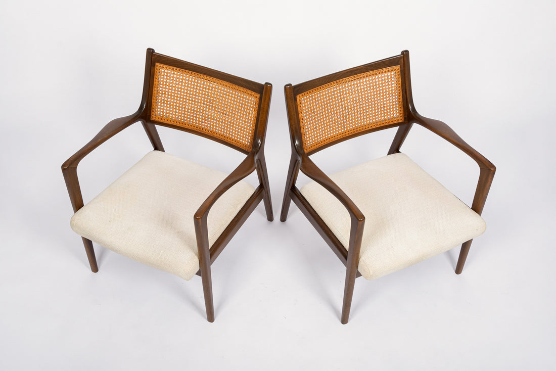 Mid Century White Lounge Chairs with Walnut and Cane Jens Risom Style