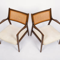 Mid Century White Lounge Chairs with Walnut and Cane Jens Risom Style