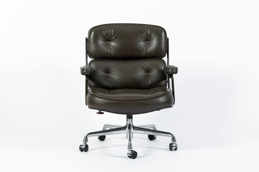 Eames Time Life Executive Lobby Chair for Herman Miller, Dark Gray Leather Office Desk Chair, 1988
