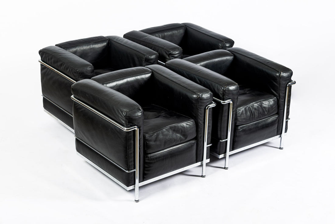 Pair of Cassina LC2 Black Leather Petit Lounge Chairs by Le Corbusier