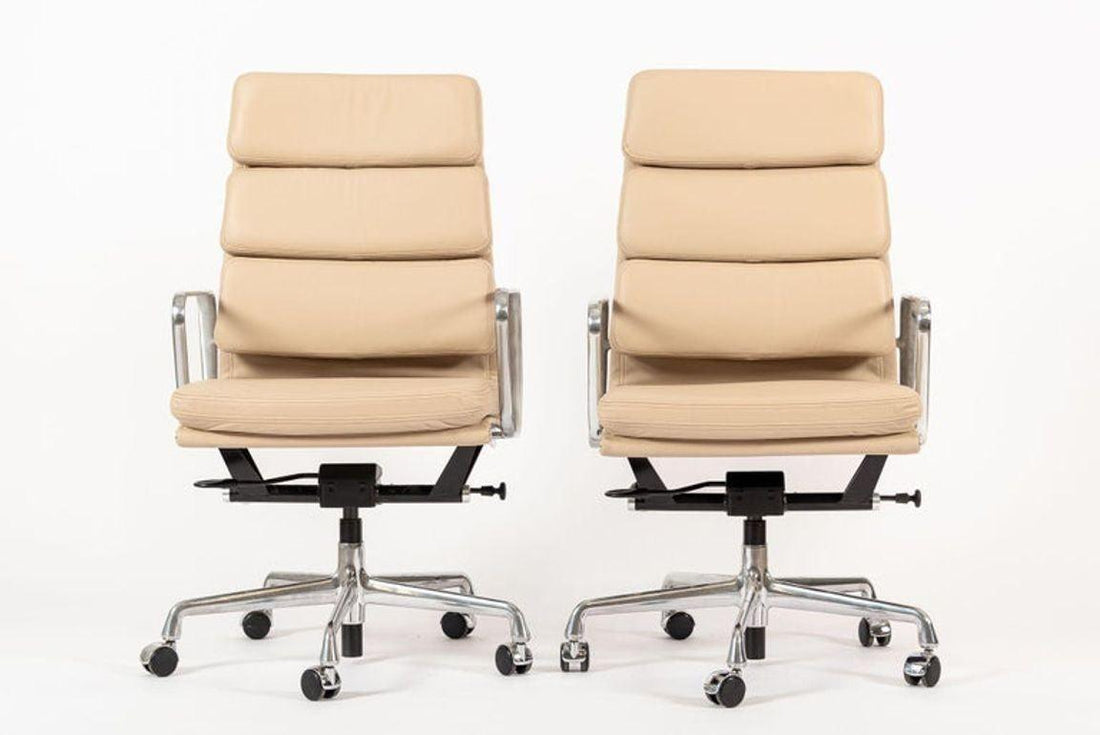 Herman Miller Eames Tall Tan Leather Desk Chair Soft Pad Pair