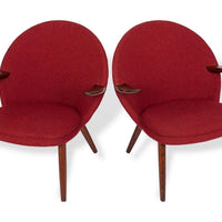 Danish Mid Century Modern Red Upholstery Lounge Chairs by Kurt Olsen, 1960s