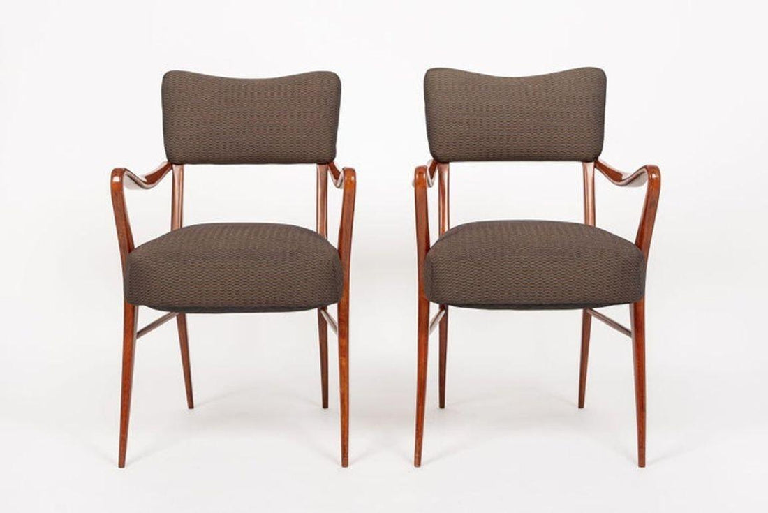 Pair of Mid Century Modern Wood & Brown Upholstered Arm Chairs, 1950s